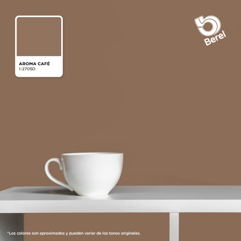 pared cafe berel con taza y mesa blanca