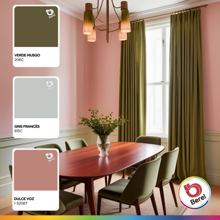comedor cafe con verde y paredes rosas y gris pinturas berel