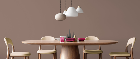 comedor cafe con color del año 2026 berel pitaya y lamparas blancas