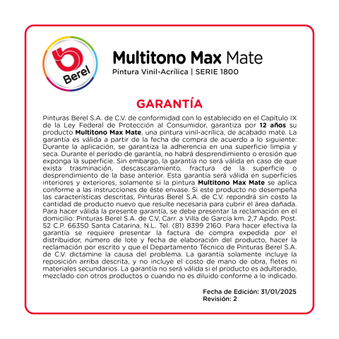 garantia pintura vinilacrilica multitono max mate pinturas berel