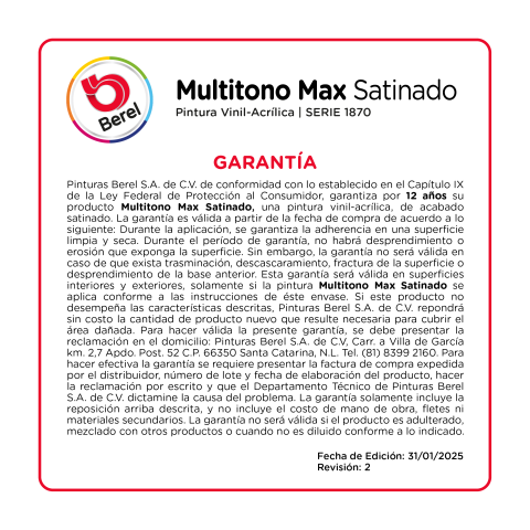 garantia pintura vinilacrilica multitono max satinado pinturas berel